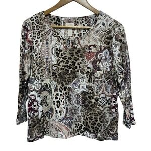 Chicos Top Womens M 8 Bohemian Animal Print Stretch Knit 3/4 Sleeve Pullover